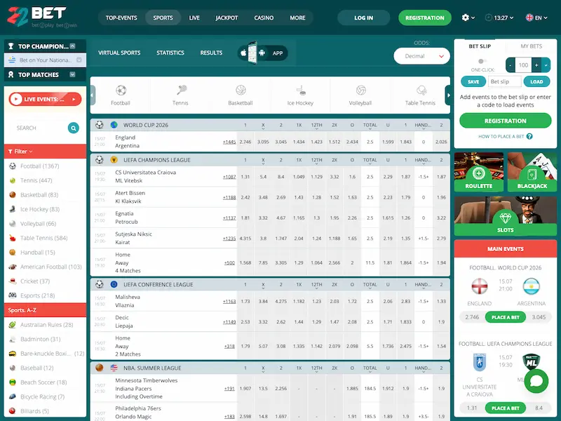22bet sports betting site homepage